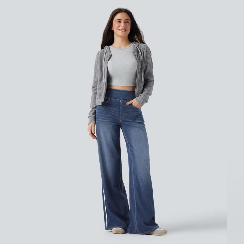 Nwt Halara Flex™ High Waisted Stripe Wide Leg Flowy Washed Casual Jeans wPockets